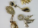 five different brooches and a watch on a white surface