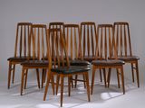 set of six danish teak dining chairs with black leather seats