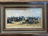a painting of a group of people sitting on a bench