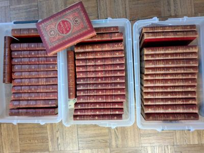 deux bacs en plastique remplis d'une multitude de livres posés sur un plancher en bois