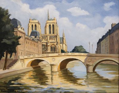 un tableau représentant un pont enjambant une rivière, avec une cathédrale en arrière-plan