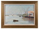 a painting of a boat on the water with a sailboat in the background