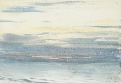 a watercolor painting of a boat on the water