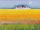 a painting of a yellow field with houses in the distance