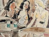 painting of a group of women sitting at a table in a cafe
