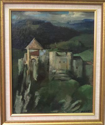 une peinture à l'huile représentant un château sur une colline, avec une montagne en arrière-plan