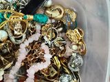 a plastic container filled with lots of jewelry on a table