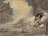 painting of a woman laying on a bed in a room