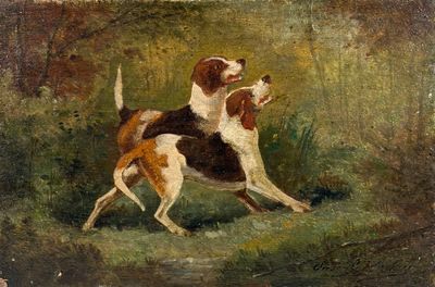 tableau représentant deux chiens jouant ensemble dans un champ