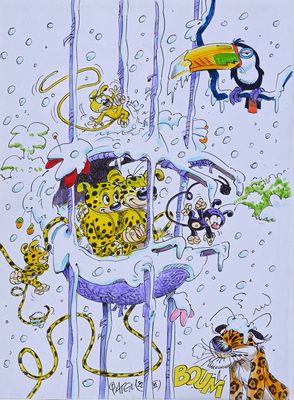 tableau représentant un léopard dans une baignoire, entouré d'autres animaux