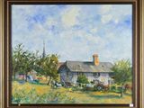 une peinture à l'huile représentant une scène de vie à la ferme, avec une église en arrière-plan