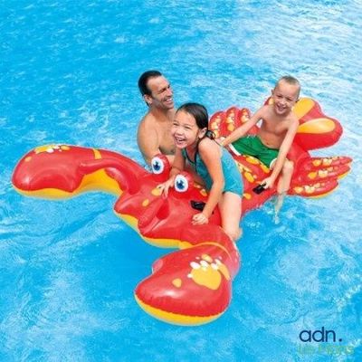 Deux personnes et un enfant sont assis sur un crabe gonflable dans une piscine