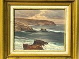 une peinture à l'huile représentant une vue sur l'océan avec des rochers au premier plan