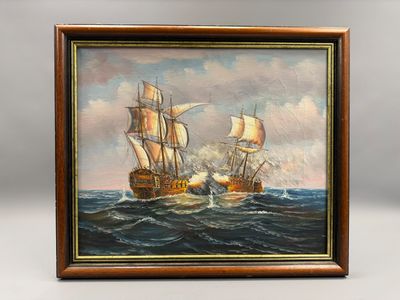 une peinture représentant deux navires en pleine mer, avec le ciel en arrière-plan