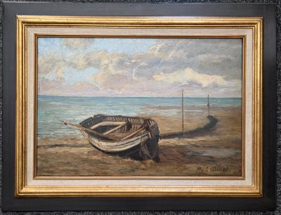 une peinture d'un bateau sur la plage au bord de l'eau