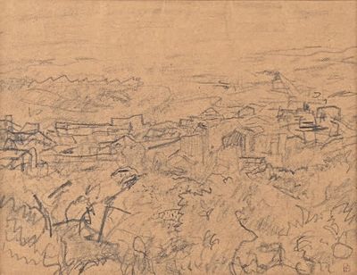 dessin représentant une vue d'une ville depuis une colline, avec un cheval au premier plan