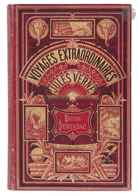 an old book with a red cover and gold lettering on it