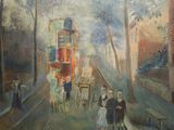 une peinture représentant un groupe de personnes marchant dans la rue