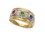 un gros plan d'une bague ornée de trois pierres de couleurs différentes