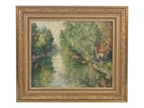 l'image d'une peinture représentant une rivière avec des arbres en arrière-plan