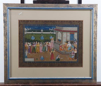 painting of a painting of a group of people in a courtyard