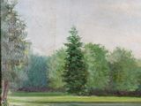 a painting of a river with trees in the background
