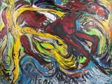 abstract painting of a woman in a red dress and a yellow dress