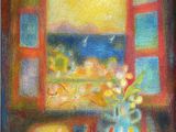 an oil painting of a vase of flowers in front of a window