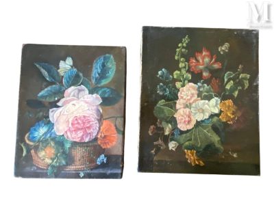 tableau représentant un panier de fleurs posé sur une table, à côté d'un autre tableau représentant un panier de fleurs posé sur une table