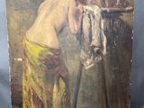 une peinture à l'huile représentant une femme en train de laver son linge dans une buanderie