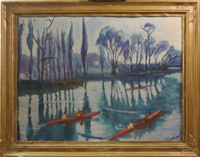 un tableau représentant deux personnes dans un canoë sur l'eau