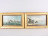 pair of oil paintings of ships on the water