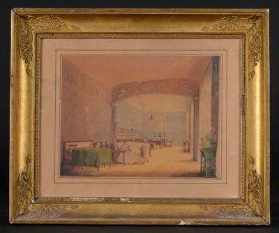 une image représentant un tableau d'une salle à manger avec une table et des chaises