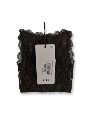 black lace bralet with a tag attached to it on a white background