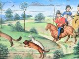 un tableau représentant un chien poursuivant un homme à cheval
