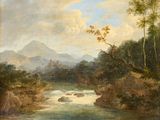 une image d'une peinture représentant une rivière dans une zone boisée