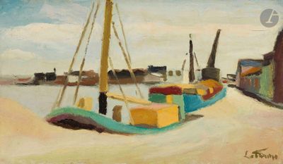 une peinture représentant un bateau posé sur le sable