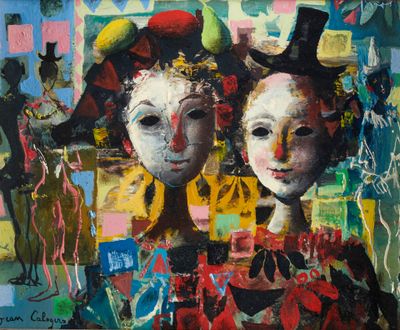 un tableau représentant deux personnes portant des chapeaux et un haut-de-forme