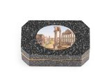 an image of a black marble box with a picture of a roman temple