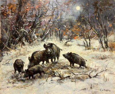 une peinture représentant un groupe de sangliers dans la neige