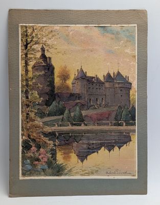painting of a castle on a lake with a bridge in the foreground