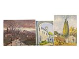 three paintings of a river and a building with trees in the background