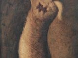 tableau représentant un lapin suspendu à une ficelle accrochée au mur