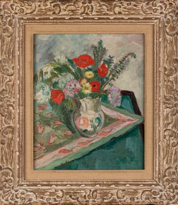 une peinture à l'huile représentant un vase de fleurs sur une table