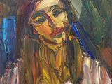 an oil painting of a woman sitting in a chair with a book
