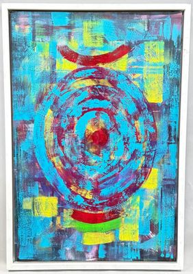 une peinture représentant une pomme rouge sur un fond bleu et jaune