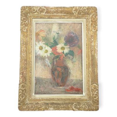 a painting of flowers in a vase on a table