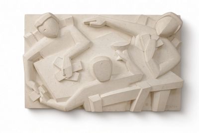 a sculpture of a group of people on a white surface