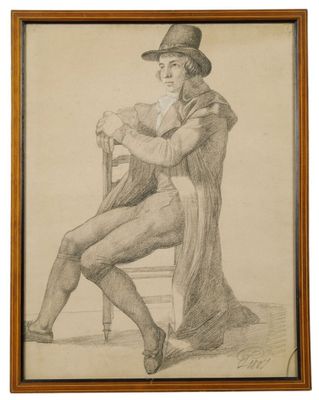 un dessin représentant un homme assis sur une chaise, coiffé d'un chapeau