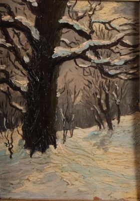 une peinture à l'huile représentant un arbre dans un paysage enneigé, avec de la neige au sol